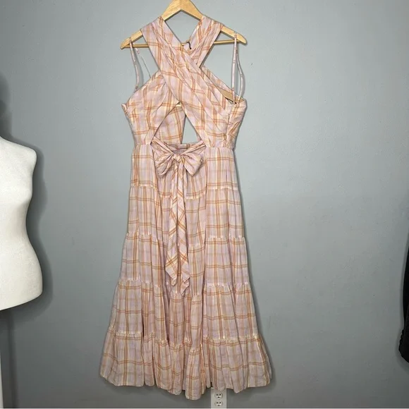 ULLA JOHNSON Noelle Crossover Halter Back-Tie Midi Plaid Dress NEW - Picture 11 of 14